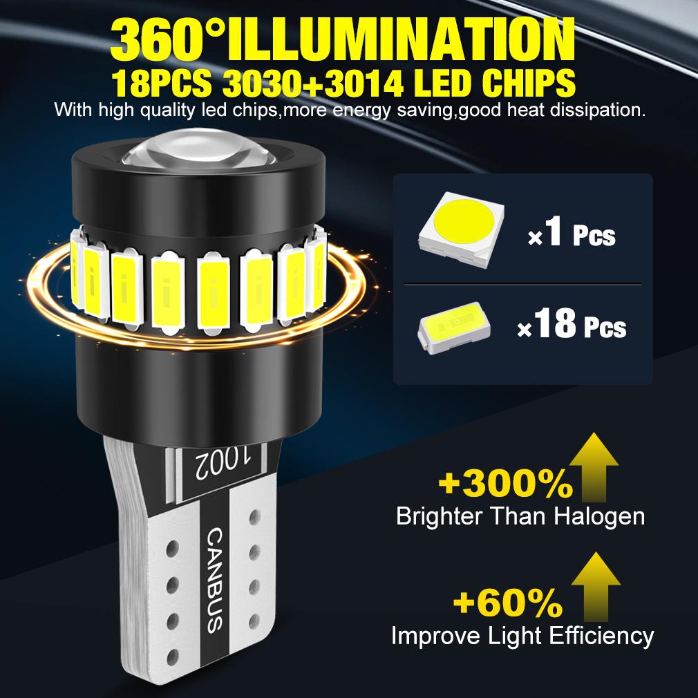 2pcs Canbus W5W T10 LED Bulbs 3014+3030 18SMD 194 168 LED Car Interior Map Dome Lights Parking Light Auto Signal Lamp 6000K 12V Bulbs 7