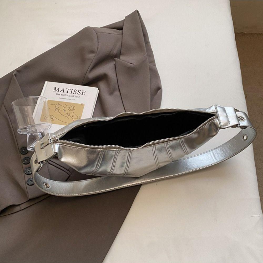 Black Croissant Bag Silver Crossbody Bag Simple PU Dumplings Bag  Gift