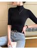 Women's Black Ribbed Three-Quarter Sleeve Slim-Fit Half-High Neck T-Shirt for Spring/Autumn 2025