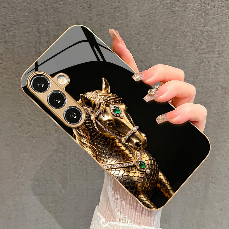 Zlatý vzor koně 2D pouzdro na telefon pro Samsung Galaxy S26 S25 S24 S23 S22 S21 S20 A56 A36 A16 - Prémiový skleněný ochranný kryt