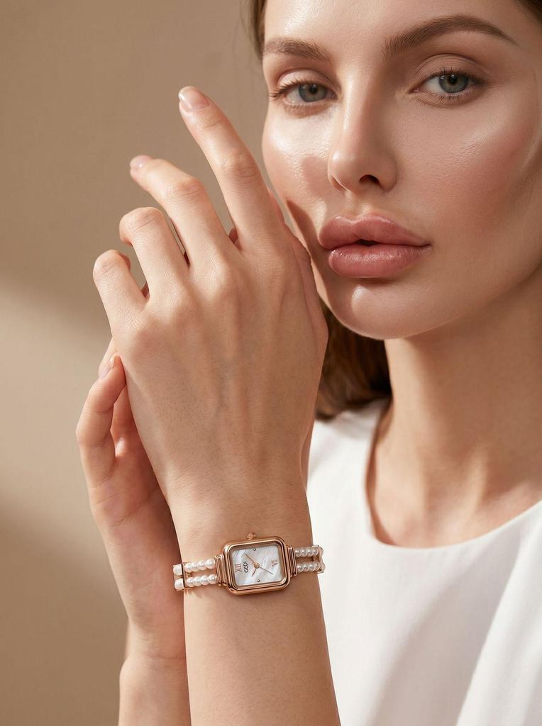 Gedi Women's Pearl Bracelet Quartz Watch - Roman Numerals, Mother-of-Pearl Dial, Double Strand Pearls, Light Luxury Style