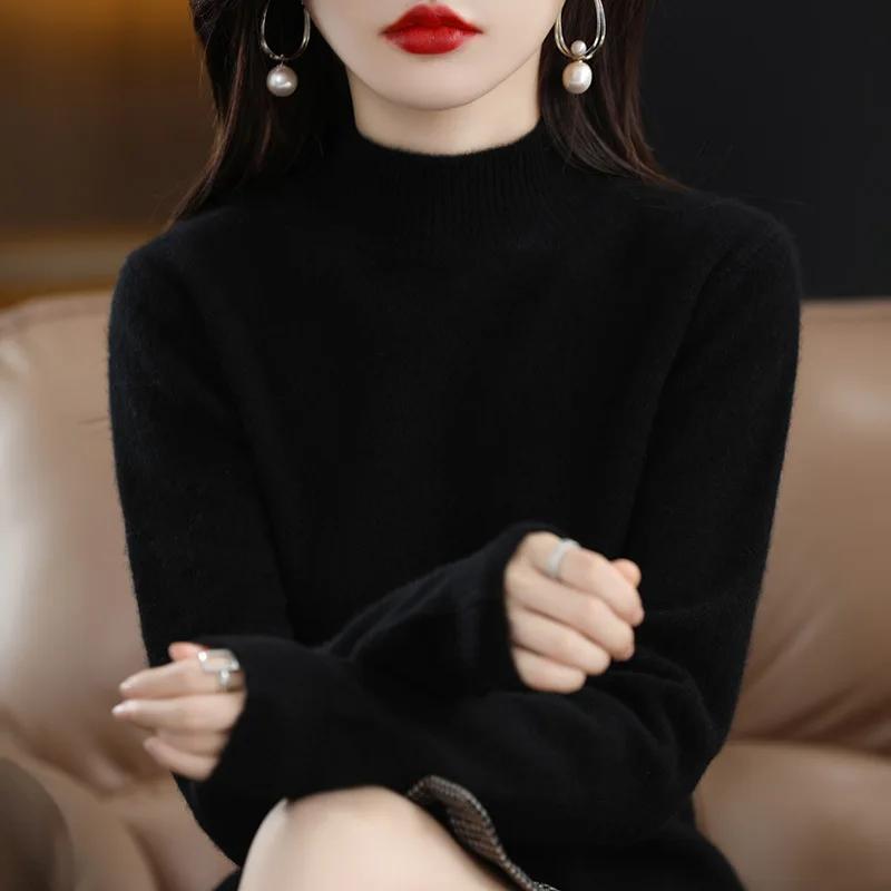 Осень-зима Женский свитер с высоким воротником и длинным рукавом Теплый базовый трикотажный свитер Однотонный свободный трикотаж Повседневные корейские джемперы XXL чёрный 1328₽
