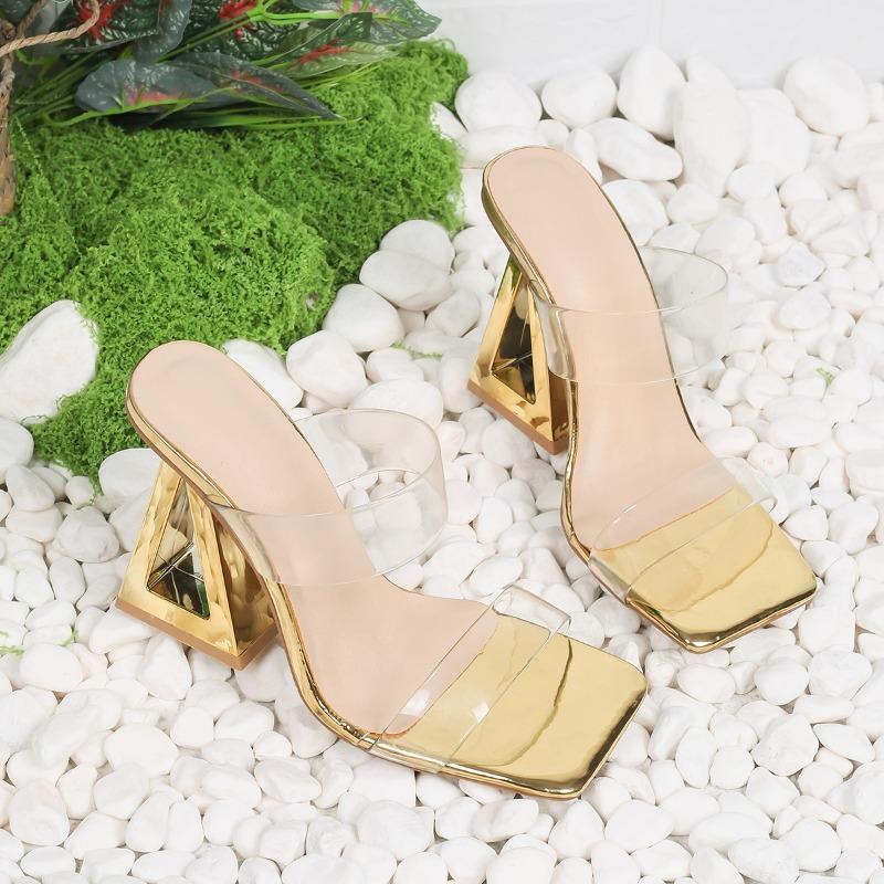 Temperament special-shaped heel flip-flops women's summer new square toe open-toe transparent strap non-slip high heels