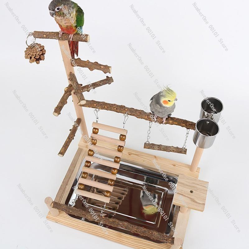 Pepper Wood Parrot Stand,Bird Training Station with Climbing Net,Suspension Bridge Swing for Parrots,Interactive Climbing Ladder