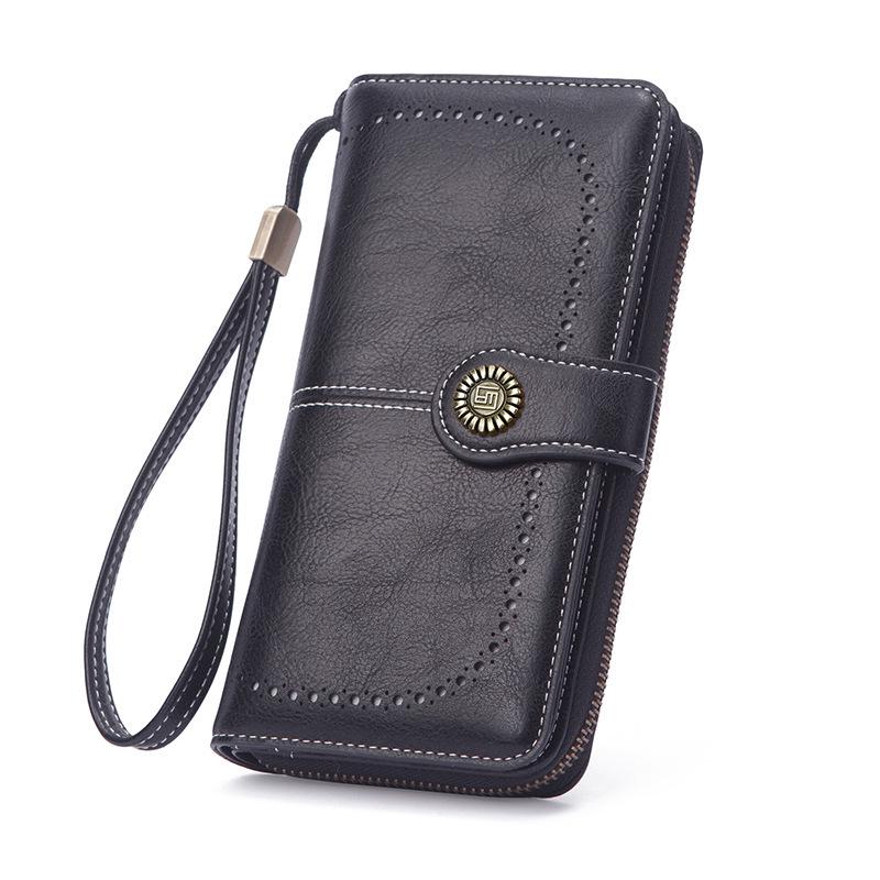 

Retro Oil Wax Leather Women s Wallet - Long, Hollow Design, Multifunctional, Large Capacity Phone Bag чёрный
