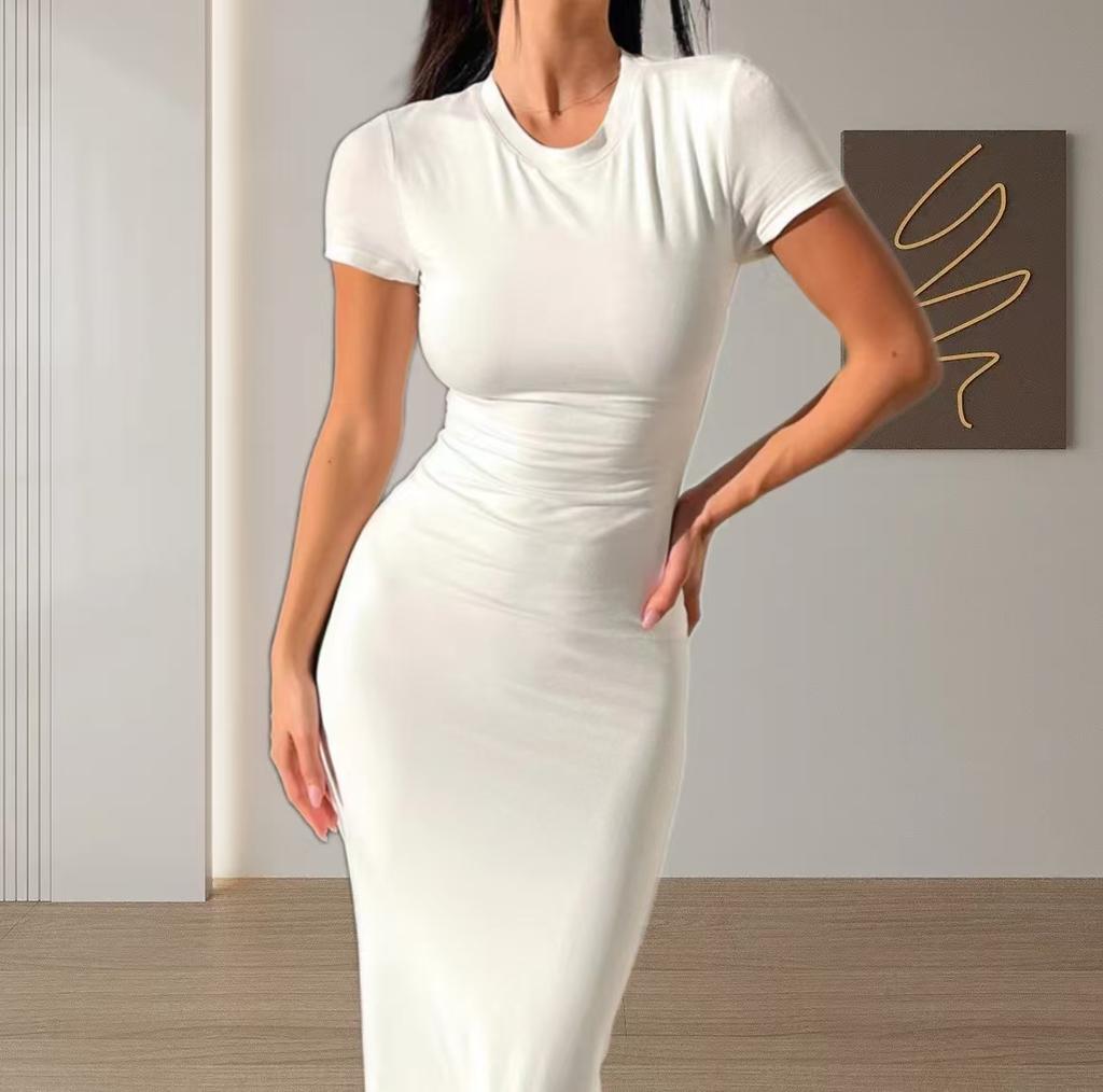 Women Maxi Dress Square Neck Short Sleeves Solid Color Slim Fit Elastic Fishtail Hem Sheath Soft Breathable Lady Daily Party Dress