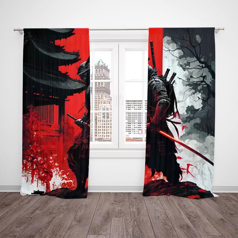 2pcs- Ink-wash style Sunset Warrior Polyester curtains, pole bag curtains 42*84, bedroom, living room, home room decoration