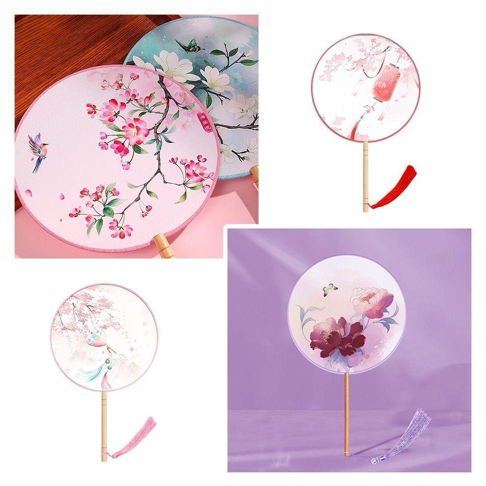 Half Transparent Ancient Style Fan Long Handle Vintage Printing Round Hand Fan Small Round Ink Painting Silk Fan