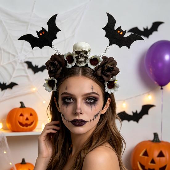 Decorative Cloth Headbands for Events Halloween Flower Skeleton Bat Headband, Gothic Floral Skull Hair Bands, Spooky Stylish Bands Accessory,