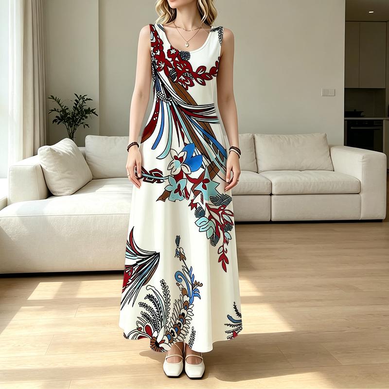 U-Neck Sleeveless Floral Maxi Dress,Lightweight Flowy Spring Fall Layering Dress,Elegant Women's Dress for Daily & Casual Occasions
