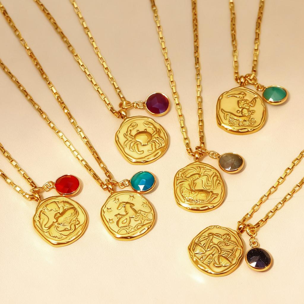 12 Zodiac Stainless Steel Women's Necklace Birthstone Zodiac Round Pendant Necklace Sweater Chain Amulet Color Christmas Gift