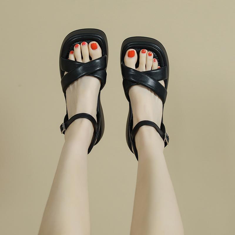 Summer new thick heel platform sandals women's versatile simple cross with one-button open-toe sandals