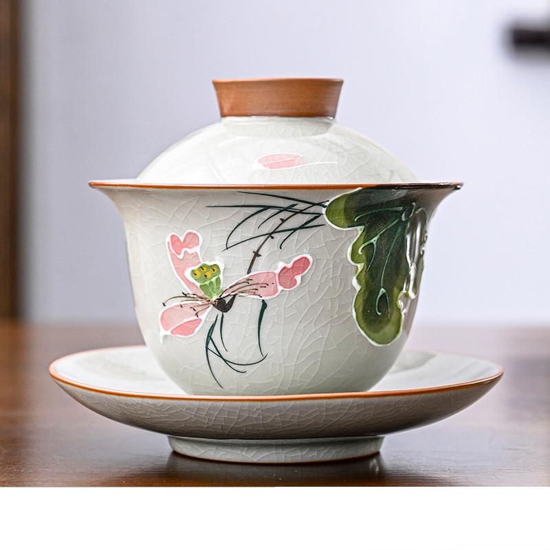 160ml Hand-painted Lotus Ceramic Tea Tureen Covered Bowl Handmade Porcelain Gaiwan Teacup Household Tea Bowl Chinese Teaware
