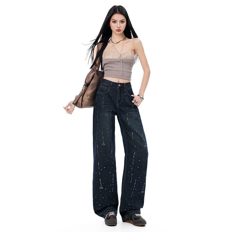 Spring Summer Rhinestone Vintage Relaxed Drape Floor Straight Wide Leg Denim Pants For Women Casual Pants Oversize Denim Trousers