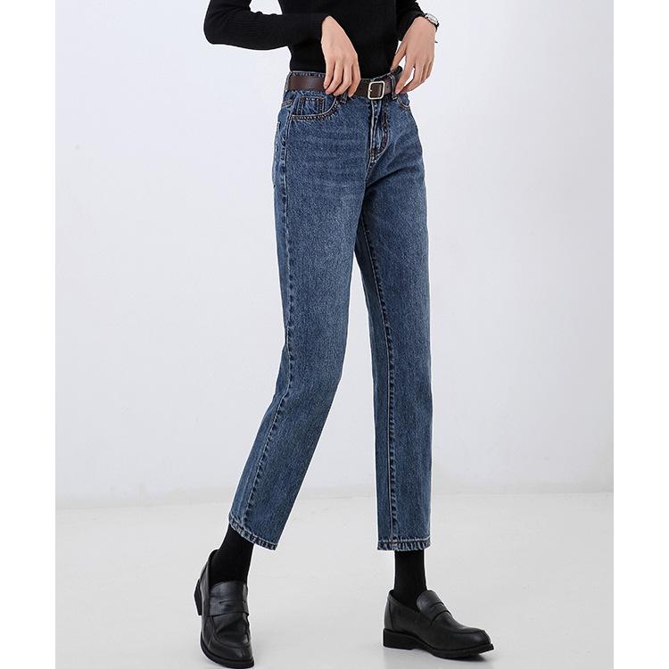 Women's Retro High-Waist Elastic Jeans - Slimming, Straight-Leg, All-Cotton, Loose Fit, Classic Chinese Style.