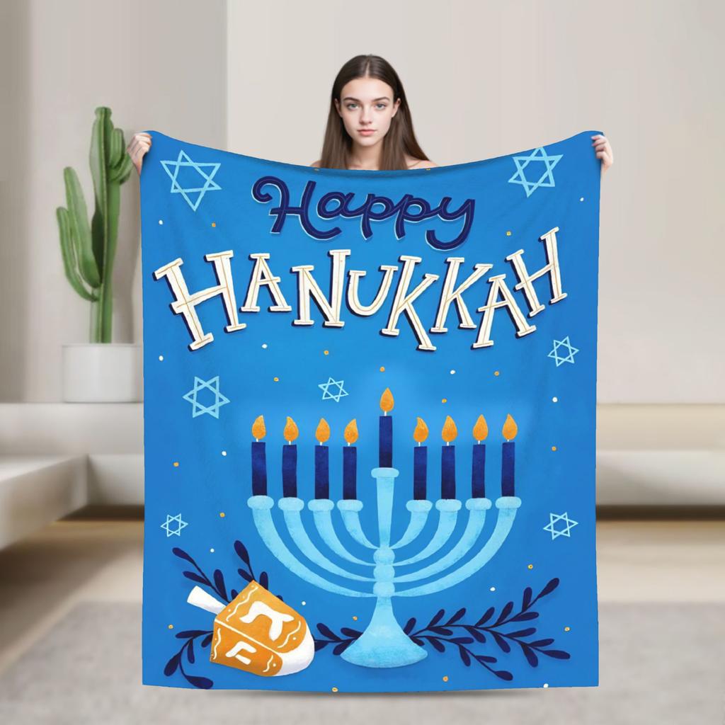 Happy Hanukkah Blanket Soft Warm Novelty Plush Throw Blanket For Couch Bed Airplane Travel Flannel Bedspread Bed Cover