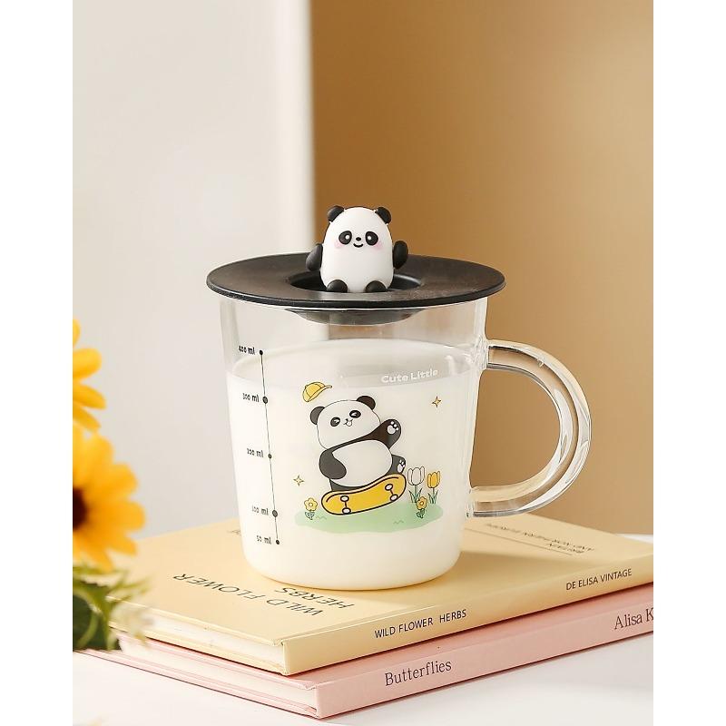 Cute Panda High Borosilicate Glass Cup High Appearance Level Covered Office Drinking Cup  Graduated Milk Cup  Coffee Cup