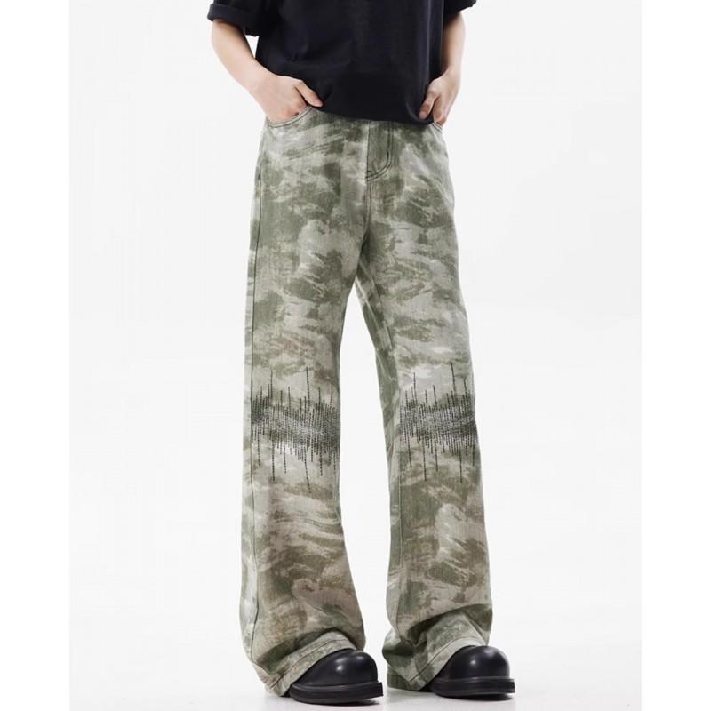 Mens Retro Camo Denim Pants Loose Fit Wide Leg High Waist Streetwear Straight Cut Jeans