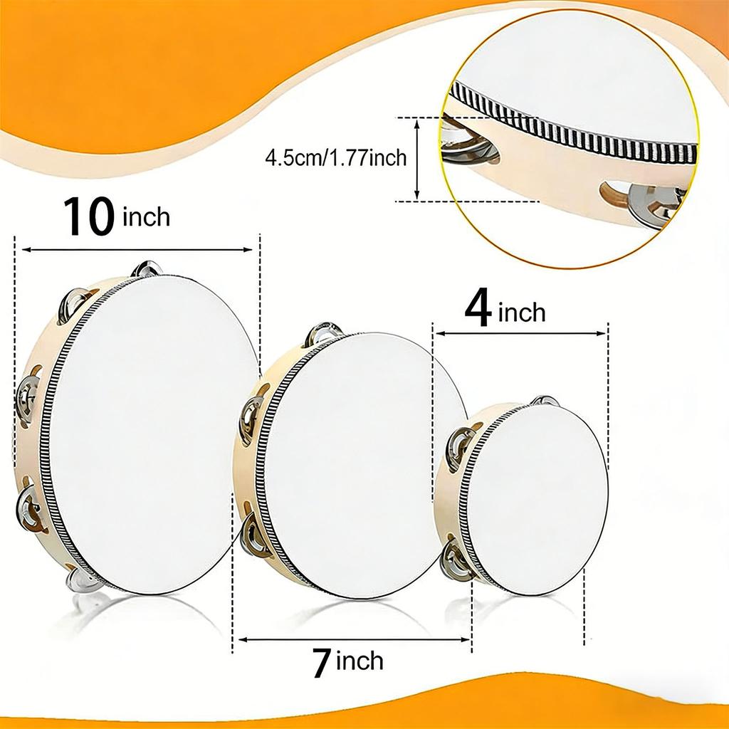 Wedding Tambourines Drum 4/7/10inch Wooden Hand Held Drum Metal Jingles Percussion Musical Instrument Noise Makers Party Supply