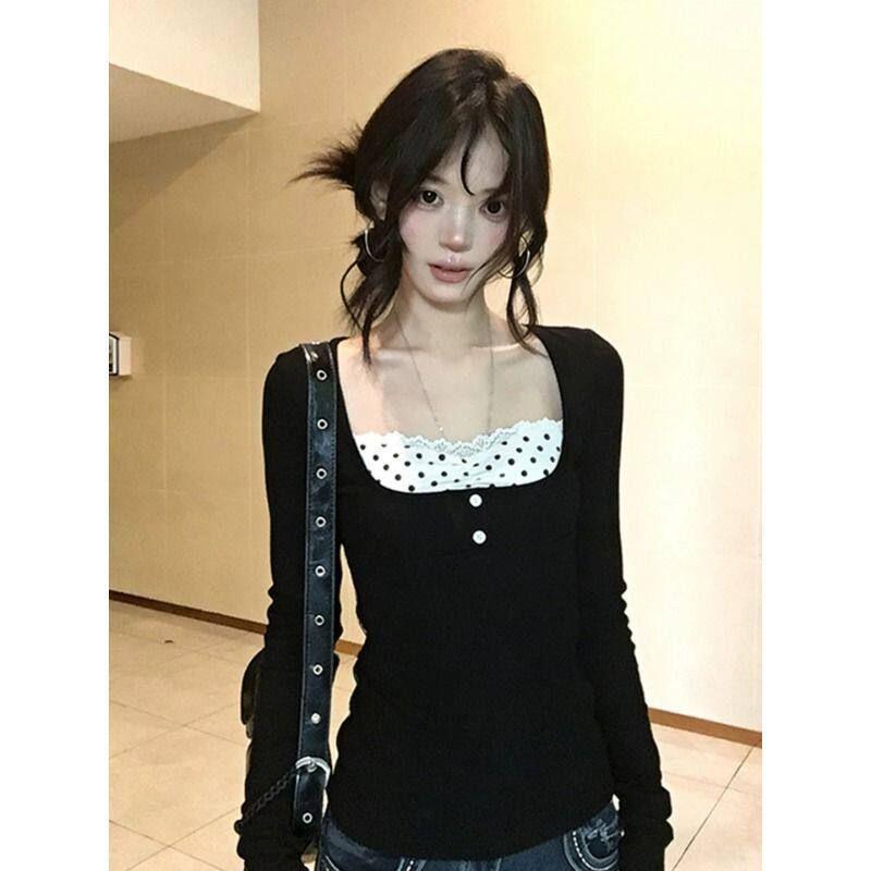 [260g Rayon Modal] American-Style Spicy Girl Square-Neck Lace Polka Dot Slim-Fit Faux Two-Piece Base Shirt Top Wave Dot and Black S