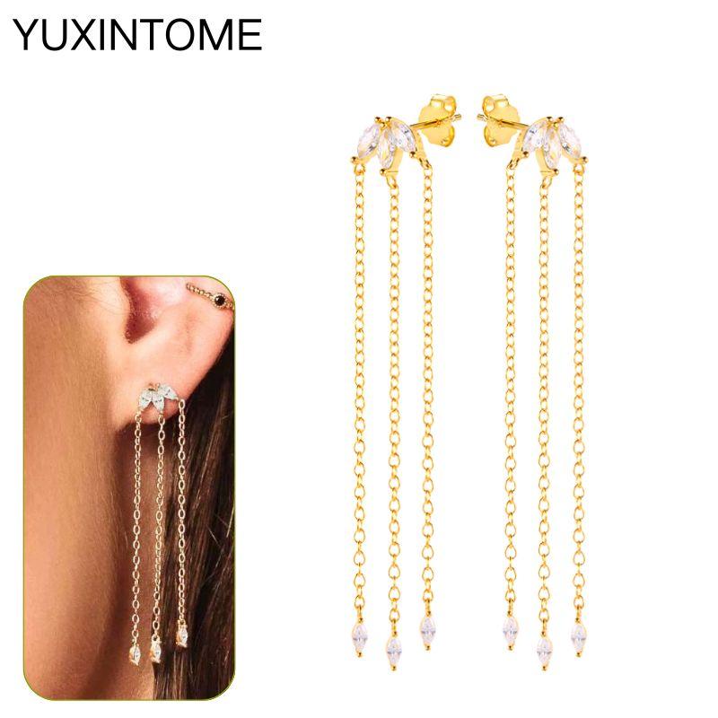 925 Silbernadel Exquisite Weiße Zirkon Steckerohrringe für Damen Geometrische Lange Kette Quaste Ohrringe Luxuriöser Schmuck