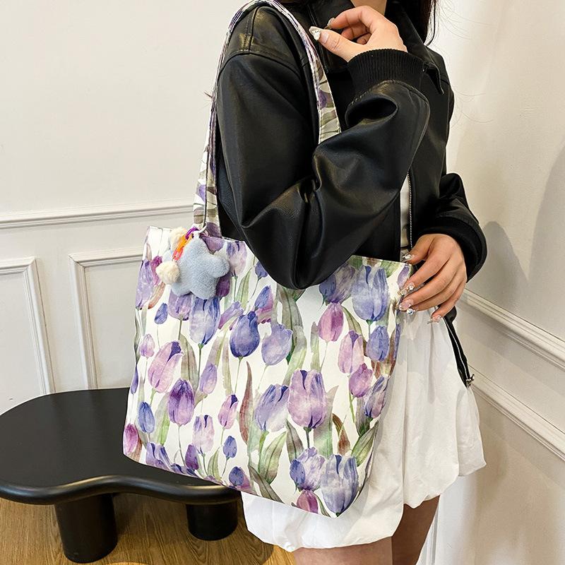 Floral Large Capacity Shoulder Bags for Women Casual Commuter Ladies Shopping Bag with Pendant Students Girls Handbags Tote