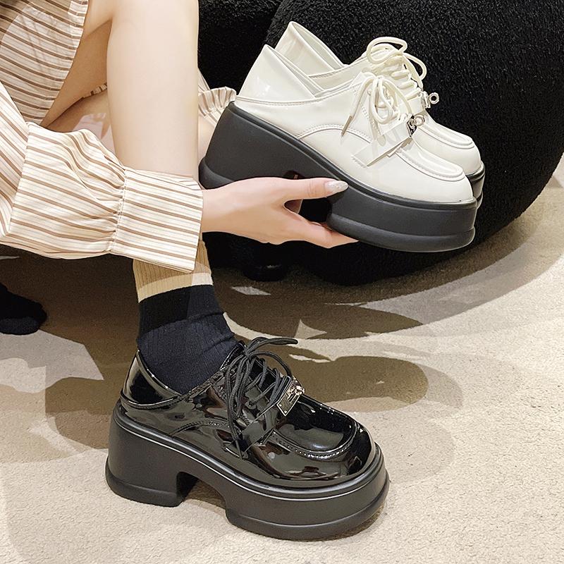 fashion 2024 Lace Up Spring Women Pumps Black Loafers Chunky 7.5CM High Heels High Platform British Autumn Ladies Thick Bottoms Shoes