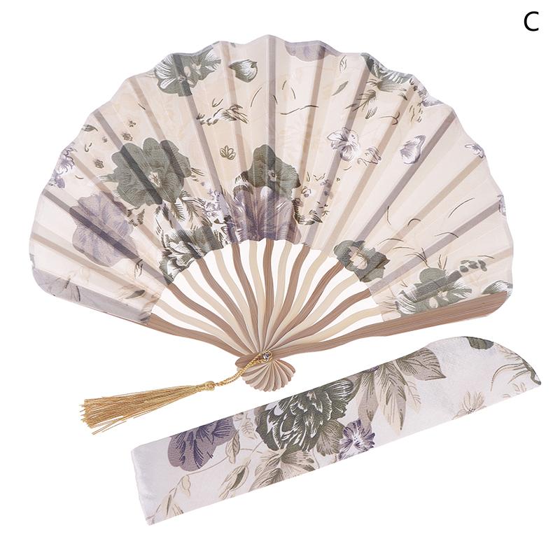 1Pc Japanese Style Shell Shaped Fan With Storage Bag Silk Cloth Bamboo Folding Fans Single-Side Flower Curved Fanbone Hand Fan