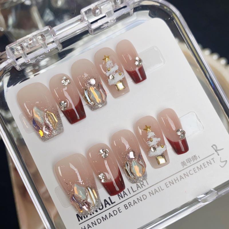 Handmade Christmas Tree Nail Art Tips with Blushing Diamond and Super Flash Finish