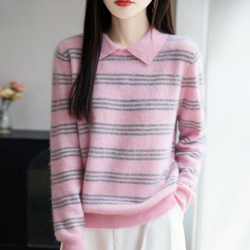 Small Lapel Color Block Stripe Wool Sweater - Autumn/Winter Long Sleeve Slim Fit Pullover for Women