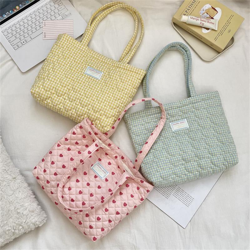 Cute Quilted Padded Heart Plaid Shoulder Bag Handbag Large Capacity Casual Commuting Tote Bag Storage Bag Girl Heart Clutch Gift