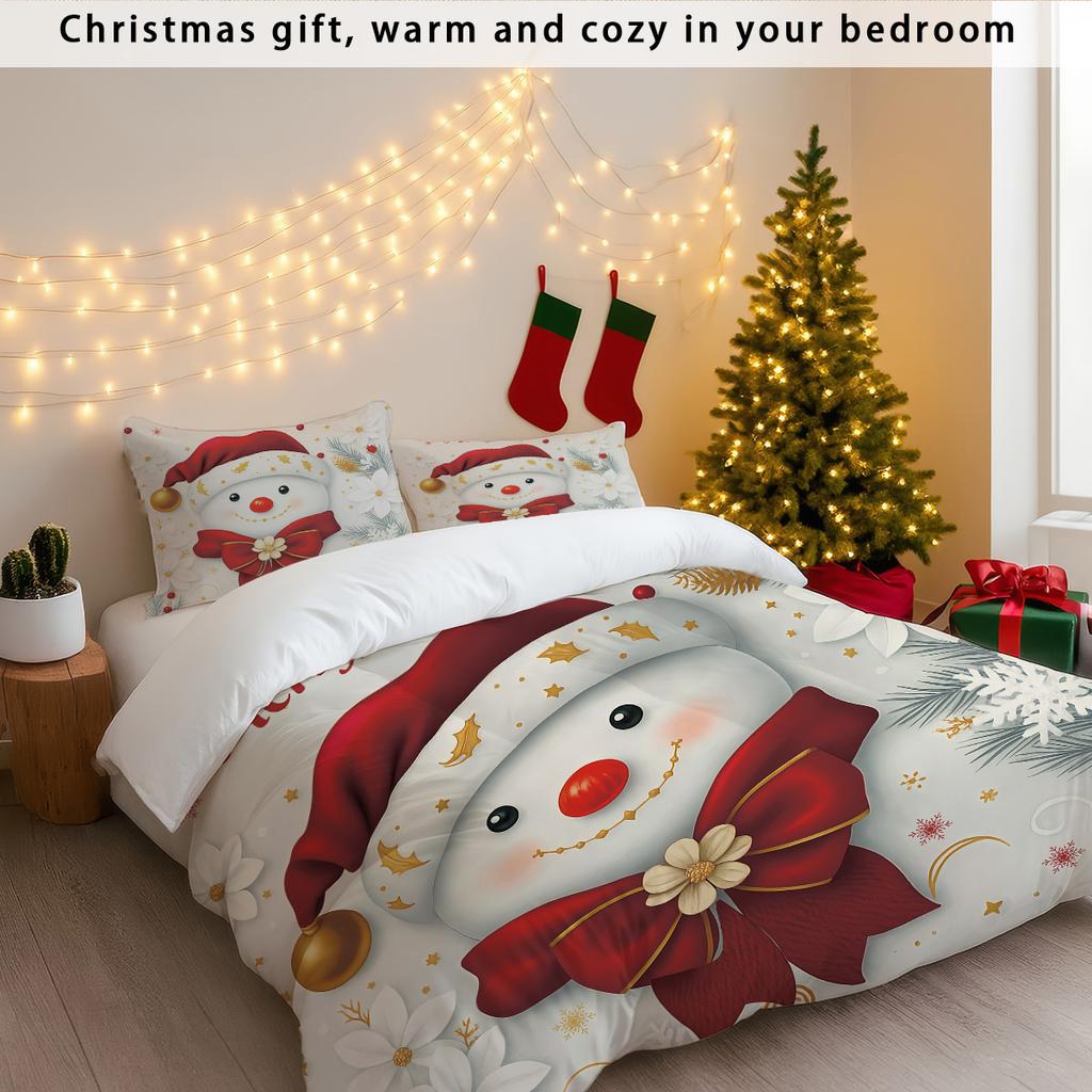 3Pc Christmas Snowman Printed Bedding Set  Coreless Soft Comfortable Multiple Sizes Machine Washable 1 Duvet Cover 2 Pillowcases