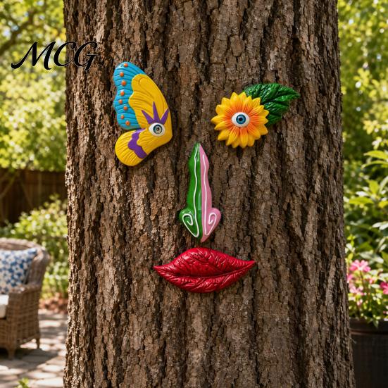 Flower Eyes Tree Decoration Colorful Trunk Face Decor, Outdoor Faces, Trees Yard Art Sun-proof Ornament Statues, Garden Cute Funny Creative for Patio