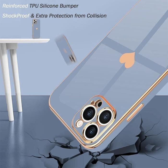 Case + Tempered Glasses - Blue - for iPhone 14 Pro Max - Shockproof - Golden Heart Pattern - Plated