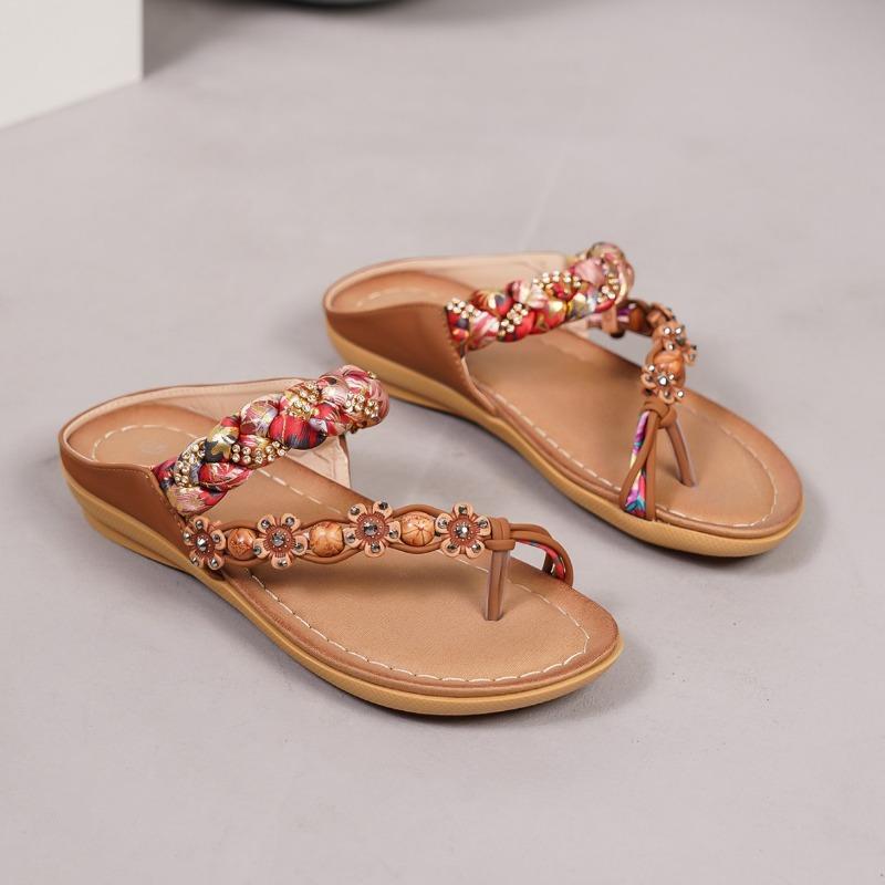 Women's New Fashion Bohemian Handwoven Ribbon Rhinestone Sandals Light Women's Beach Shoes