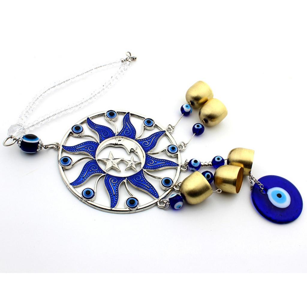 Decorazione Luna e Stella con Occhio Malocchio e Campanello Pendenti Sole Fortunato, - Segno di Protezione, Benedizione e Forza - Decorazioni per Auto per Specchietto Retrovisore
