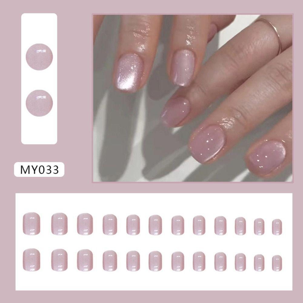 Short Round False Nails Pink Cat Eye Nail Tips Detachable Fake Nails  for DIY