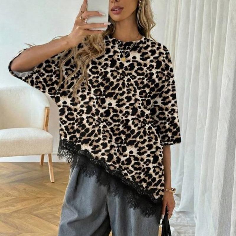 2026 Slanted Bottom Lace Splicing Short Sleeve T-shirt Summer Fashion Top for Women Loose Solid Color Elegant Irregular Blouse Women's Clothing