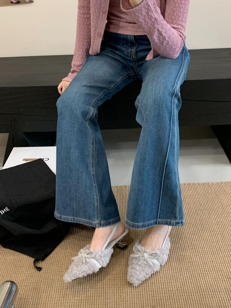 2025 Autumn and Winter New Pointed Thin Heel Plush Sandals European and American Fashion Bow Sweet Bag Head High Heel Fluffy Shoes