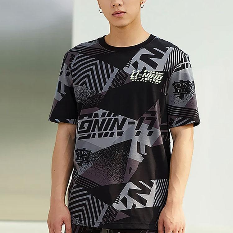 Li-Ning Cotton Round Neck T-Shirt With Allover Letter Print Men Tops Black AHSS119-3
