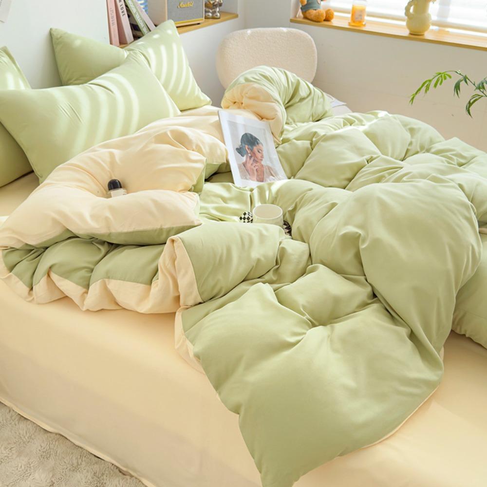 Conjunto de Roupa de Cama Simples de Algodão Lavado Duplamente Torcido - Lençol de Elástico e Capa de Cor Lisa