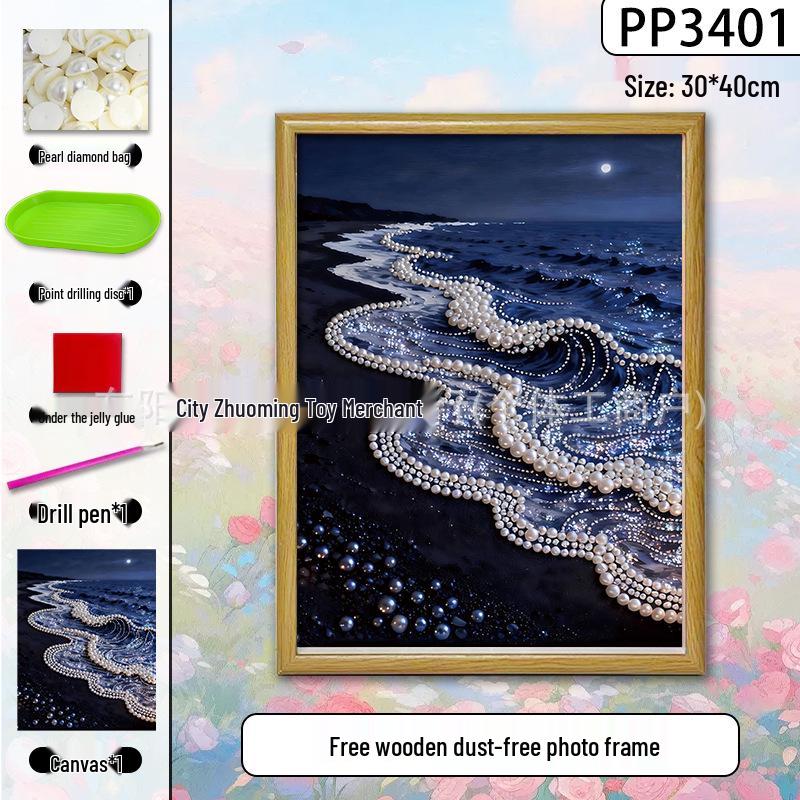 Handmade 3D Pearl Cross-Stitch Castle with Starry Sky Stickers and Indoor Decorative Frame