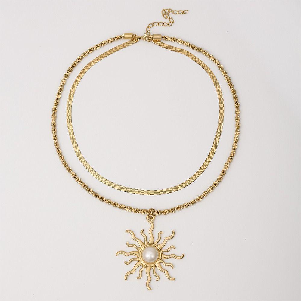 2 Pcs/Set Trendy Sunflower Pendant Necklace Fashion Layered Choker Double Layer Necklace  for Women