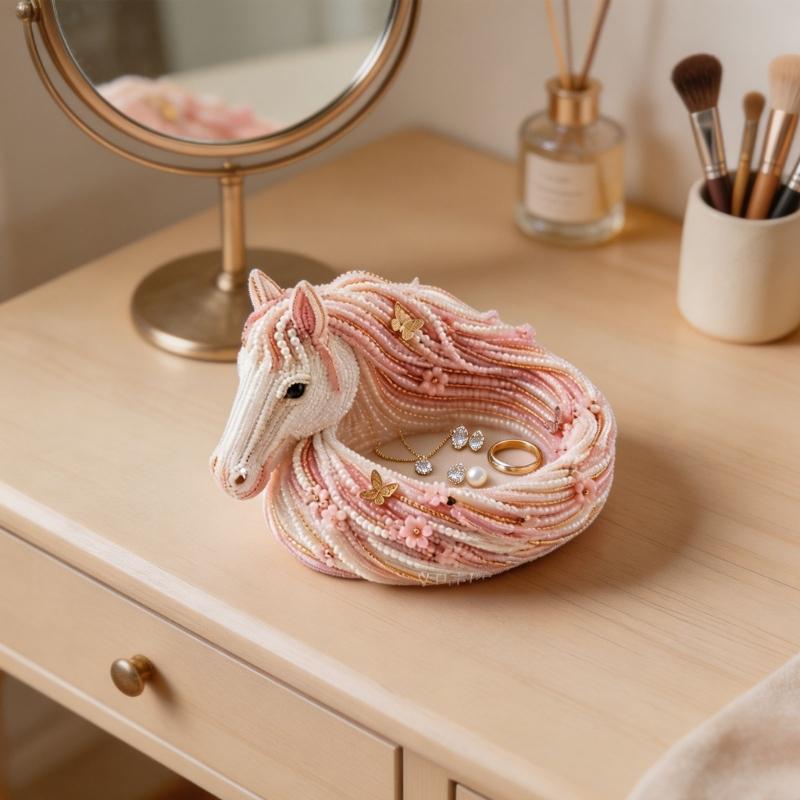 Horse Head Shape PET Jewelry Tray Pink White Textured PET Desktop Organiser for Earrings Necklaces and Small Accessories, Desktop Dish for Dresser