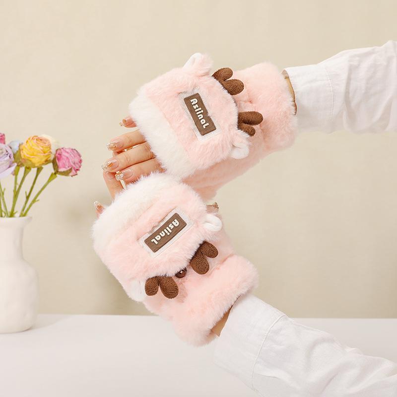 Women's Winter Warm Color Block Reindeer Flip Fingerless Gloves - Fleece Lined, Thickened & Anti-Freeze for Writing & Cycling