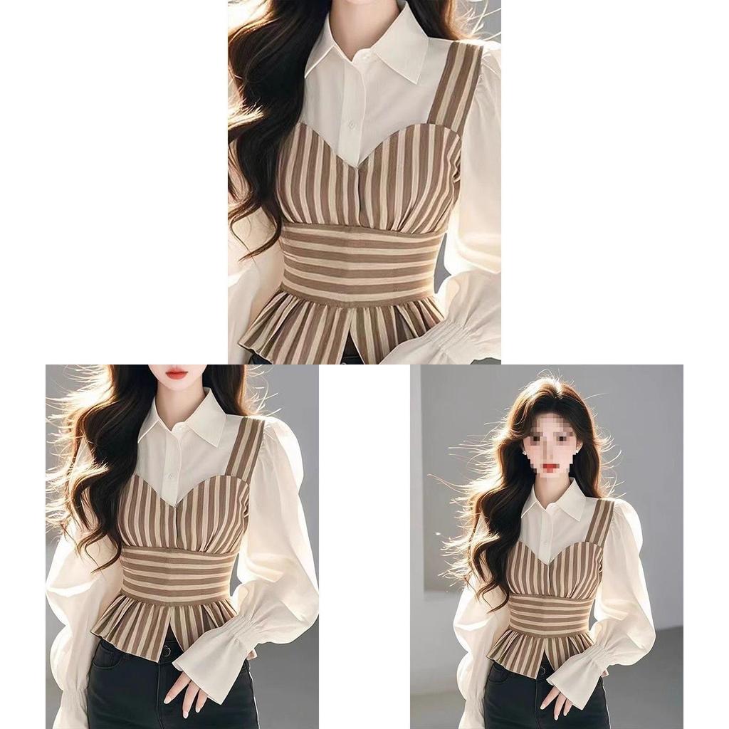Soft Satin Striped Puffed Sleeveless Shirt For Spring Chic Womens Fashion