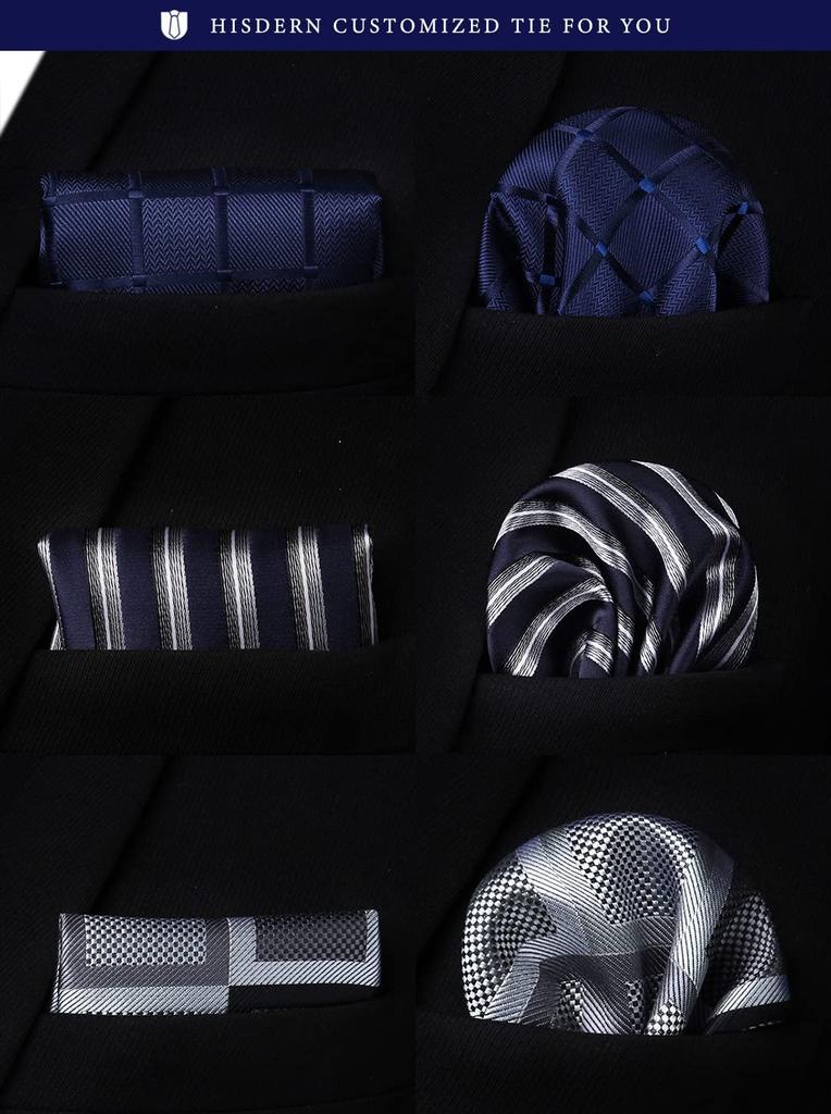[HISDERN] Business Navy Tie 3-Piece Set - Stylish, Perfect for Weddings, Blue Tie, Pocket Square, Men's Formal Wear, Gift, Washable T3-01