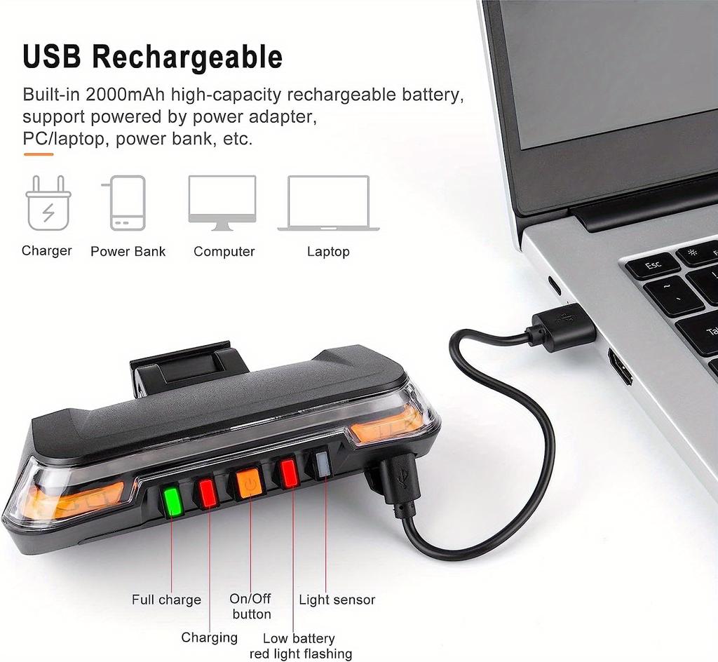 Bike Tail Light With Turn Signal And Auto Brake Light, Waterproof USB Rechargeable Bike Tail Light