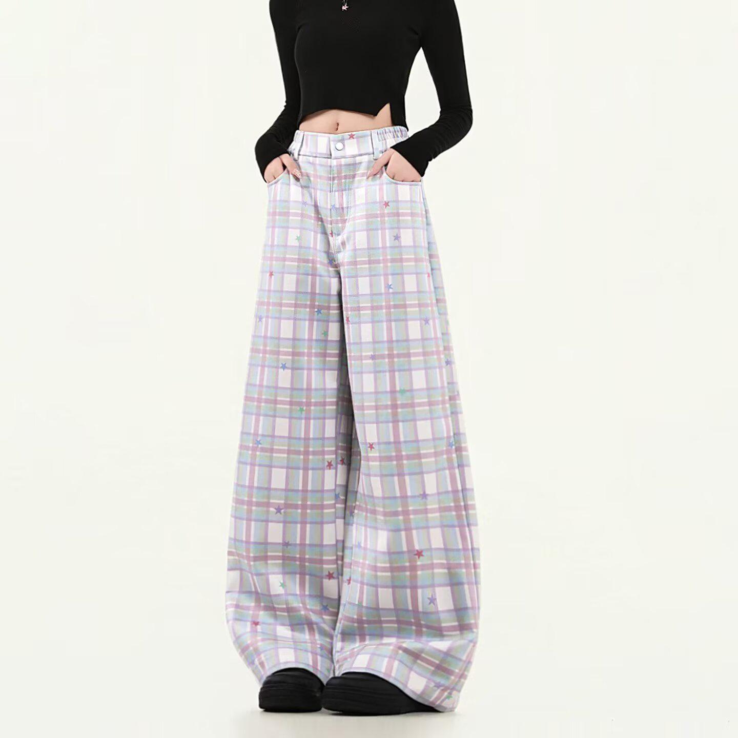 Green Plaid Women s Summer Wide-Leg Lightweight Casual Pants Large фиолетовый