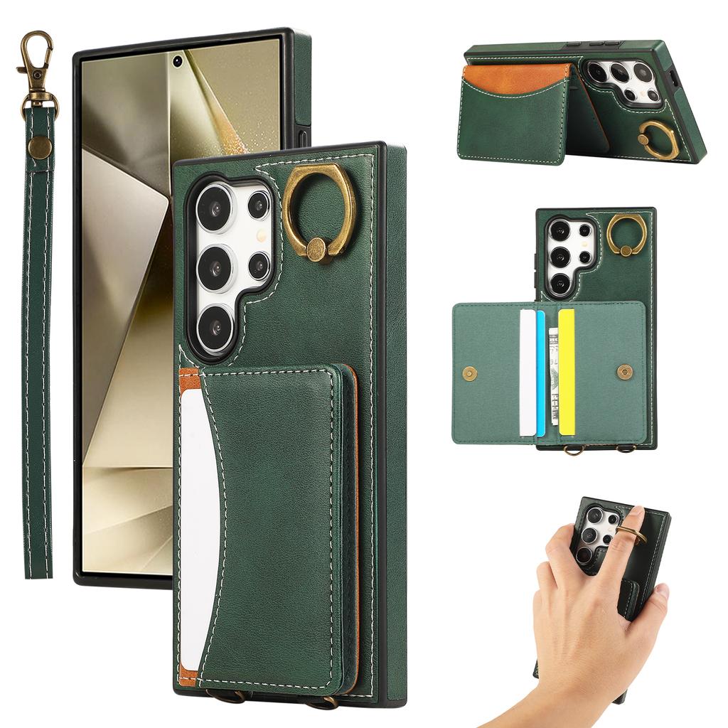 For Samsung Galaxy S24 Ultra PU Leather Back Case Card Holder Kickstand Phone Cover with Wrist Strap
